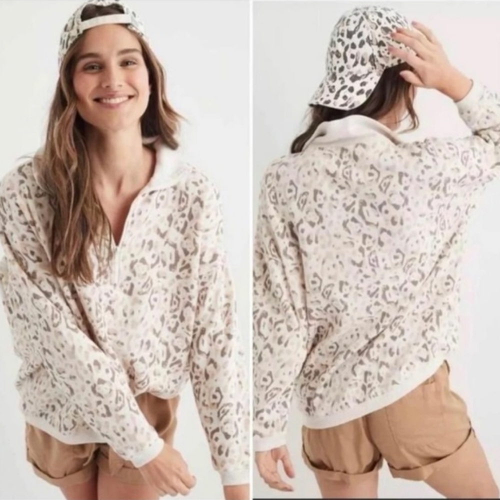 Aerie | Quarter Zip Sweatshirt In Grey Leopard